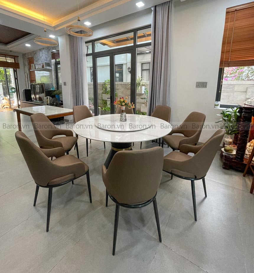 bàn ăn tròn xoay mặt đá đá 8 ghế